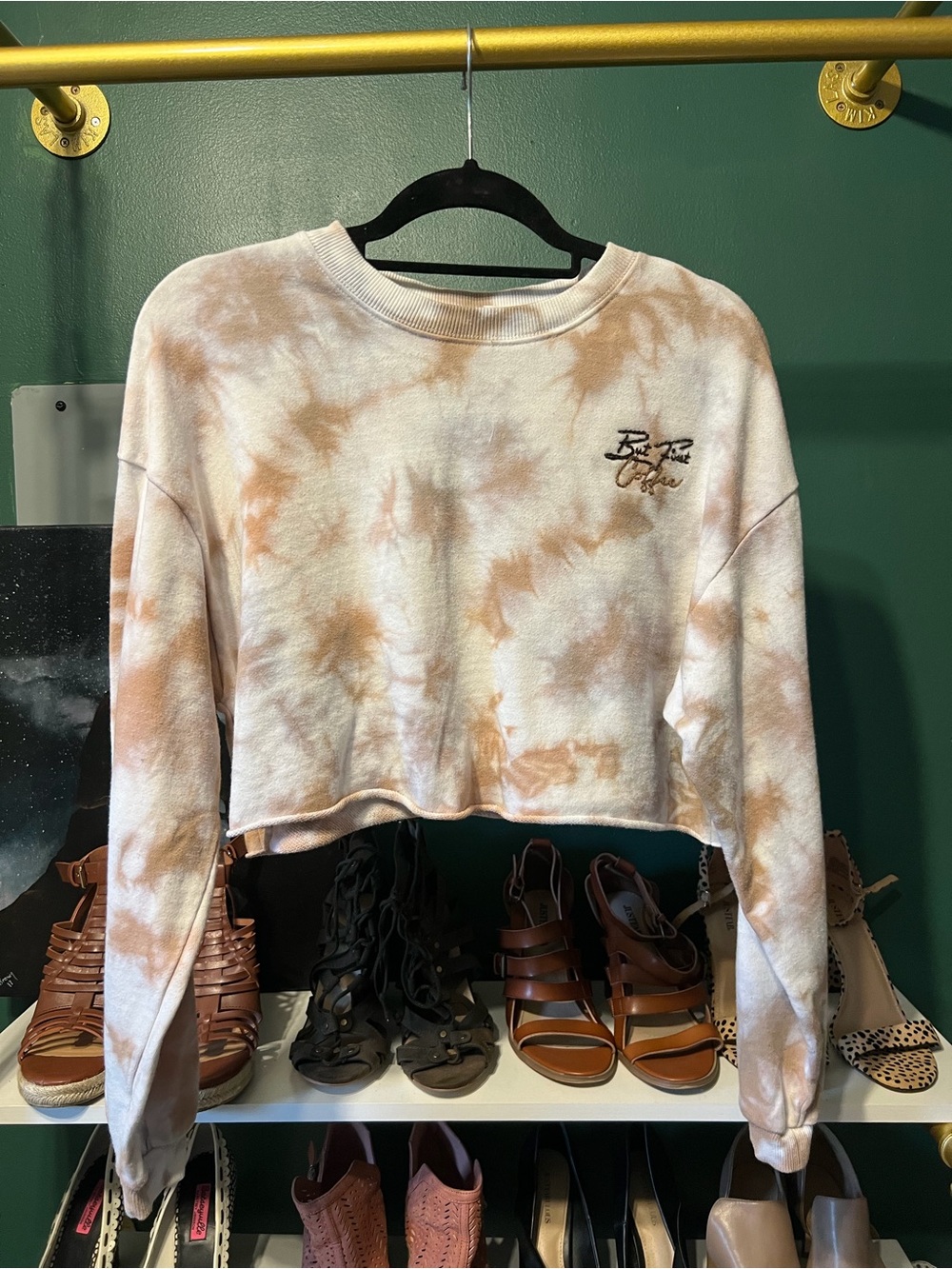 But First, Coffee - Cropped Tie-Dye Crewneck Sweatshirt - Beige White